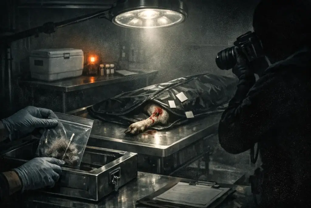 chupacabra encounters scene with a black zippered bag on a metal table, a pale furry limb, gloved hands holding a bag, and a camera