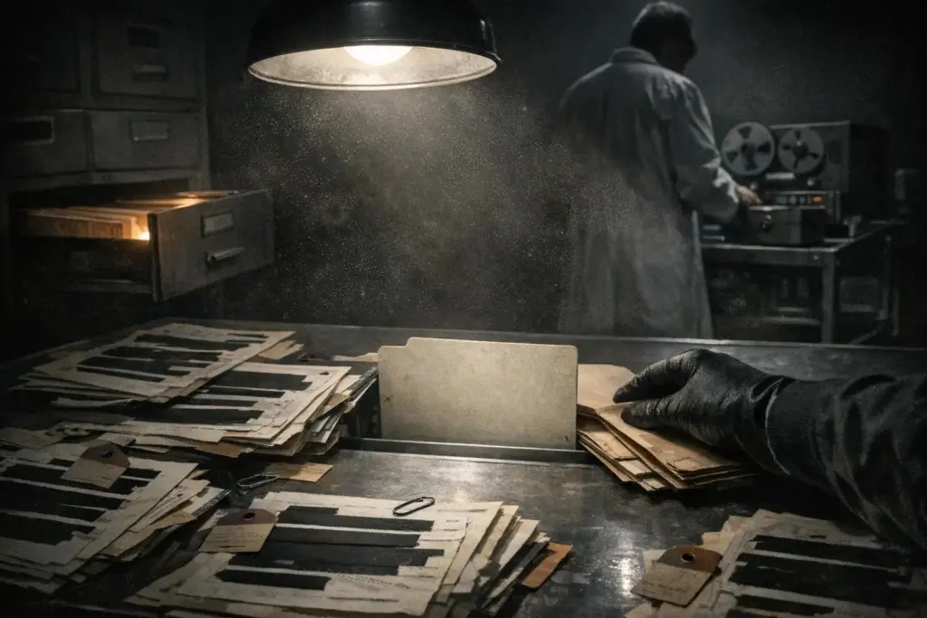 Dim room with a desk covered in paper files under a hanging lamp, with a gloved hand and cia mind control programs.