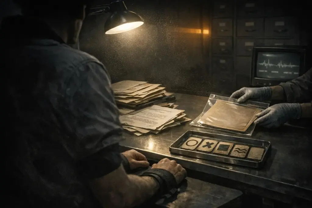 A dim room with a desk lamp over stacked papers, a metal tray of marked tiles, and gloved hands holding a clear sleeve, clairvoyance evidence.