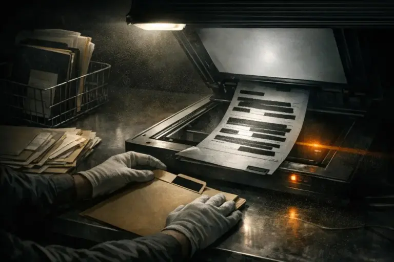 COINTELPRO: What the Official Records Show—and Where They Stop 4 Gloved hands hold a tan folder near an open flatbed scanner with a paper showing black bars; cointelpro.