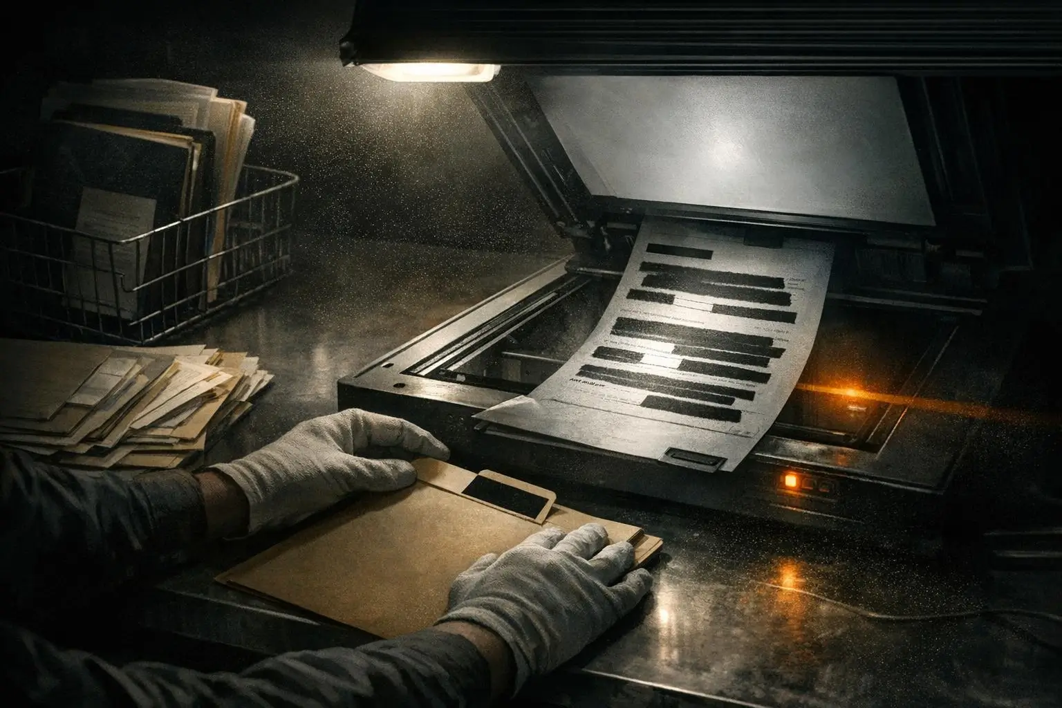 COINTELPRO: What the Official Records Show—and Where They Stop 1 Gloved hands hold a tan folder near an open flatbed scanner with a paper showing black bars; cointelpro.