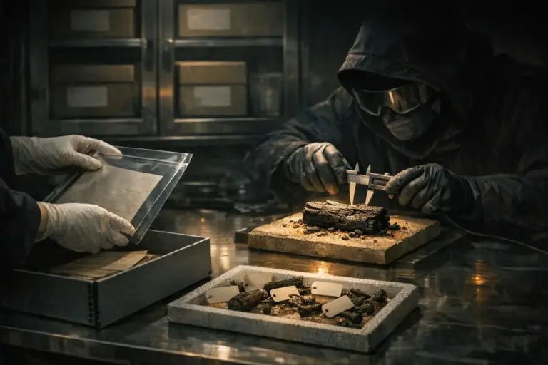 Columbus Discovery Cover-Up: What the Archives Can Certify 4 columbus discovery cover-up scene with a hooded figure using a caliper on a dark fragment, while gloved hands hold a clear sleeve.