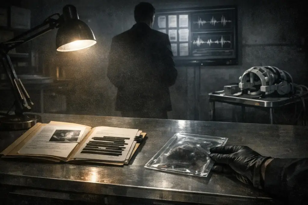 covert mind control programs scene with a metal table, desk lamp, papers, a gloved hand, and a standing figure near wall screens