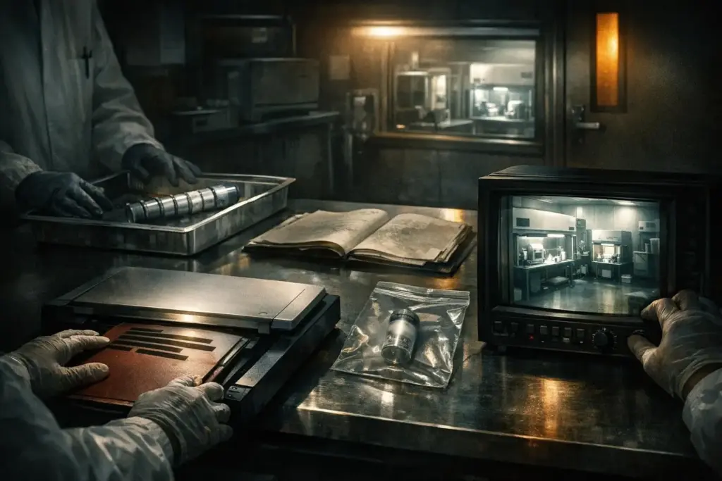 Gloved hands around a metal table with a small monitor, an open book, and a metal tray; crispr babies