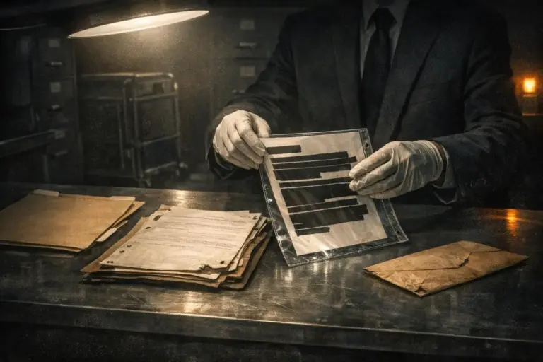 False Flag Operations: What the Records Show—and Where They Stop 3 false flag operations scene with gloved hands holding a plastic-sleeved page with black redactions over papers on a metal desk