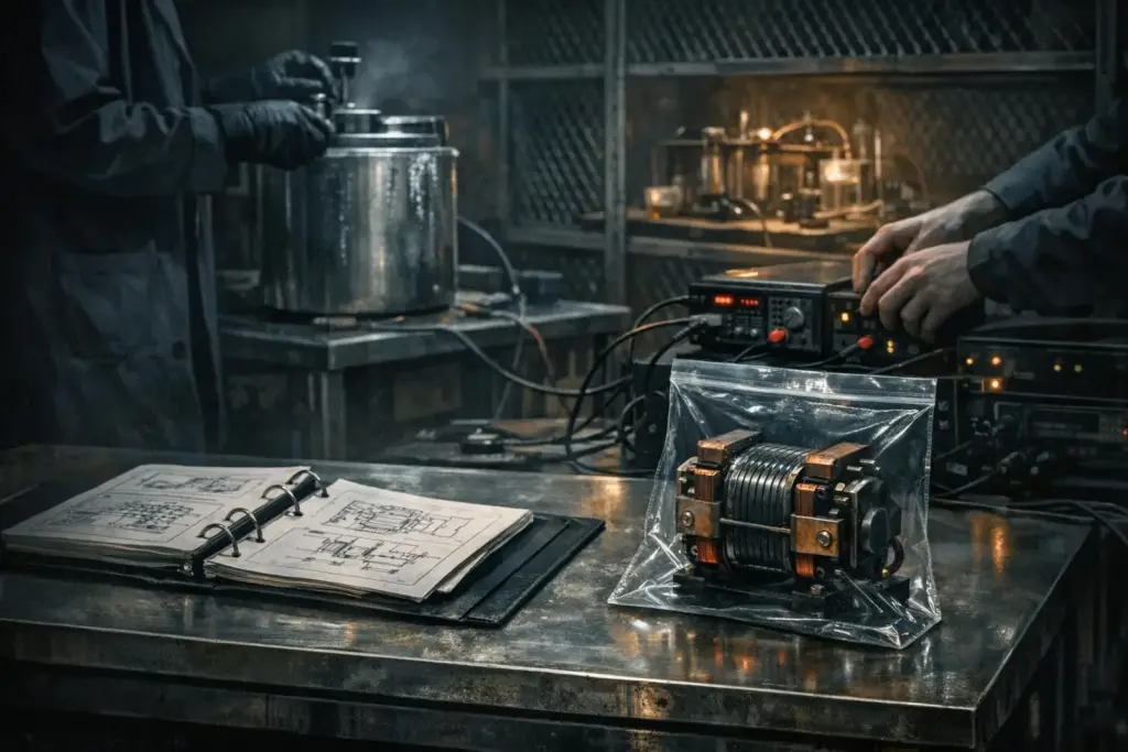 free energy scene with a metal worktable, open binder pages, a plastic bag holding a copper-and-metal coil, and gloved hands