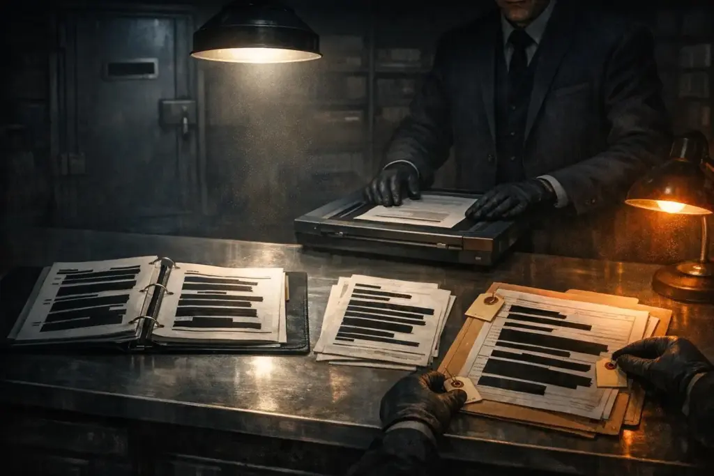 freemasons secrets scene with gloved hands at a metal table, papers with black bars, a binder, and two lamps