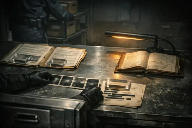 Gulf of Tonkin Incident: What the Records Show—and Where They Stop 3 gulf of tonkin incident on a metal desk with a glowing lamp, open ledger, stacked papers, and gloved hands holding photo prints