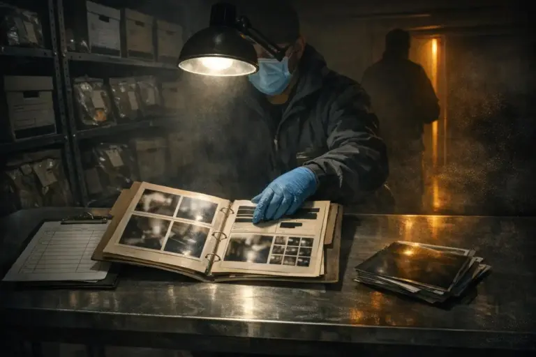 Haunted Places: What the Records Show—and Where They Stop 2 Person wearing a mask and blue gloves turns pages in a binder under a desk lamp, with shelves behind; haunted places