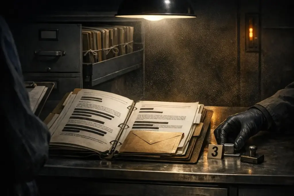 An open ring binder with papers and dark bars under a hanging lamp, with hidden energy technology on a metal table.