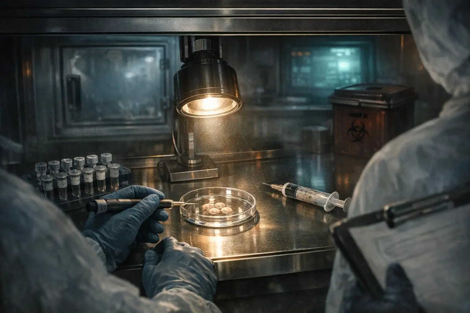 Human-Animal Hybrid Experiments: Documented Scope and Limits 1 human-animal hybrid experiments scene with gloved hands holding a tool over a glass dish under a bright lamp on a metal surface