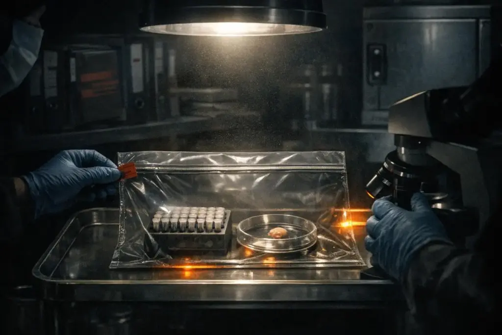 human cloning scene with blue-gloved hands holding a clear zip bag containing small vials and a shallow dish under a lamp
