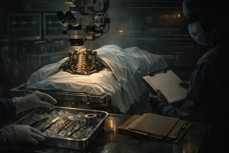 Human Head Transplant: What the Record Shows and Where It Stops 3 human head transplant scene with draped table, exposed spine segment in a metal clamp, and a large binocular optical device above