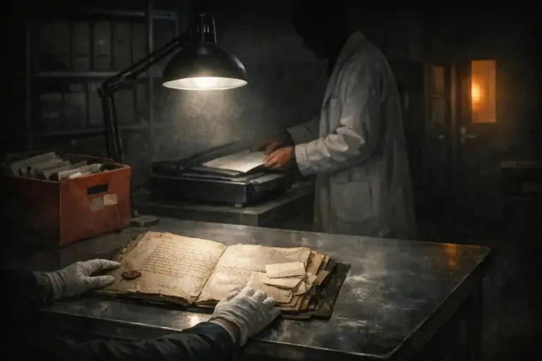 Illuminati: What the Bavarian Files Show—and Where They Stop 4 Dim room with an open worn paper book on a metal table, gloved hands, a hanging lamp, and a standing figure in a light coat, illuminati