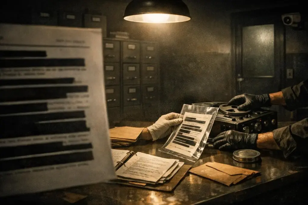 iran contra affair scene with gloved hands holding papers on a desk beside a reel device under a hanging lamp