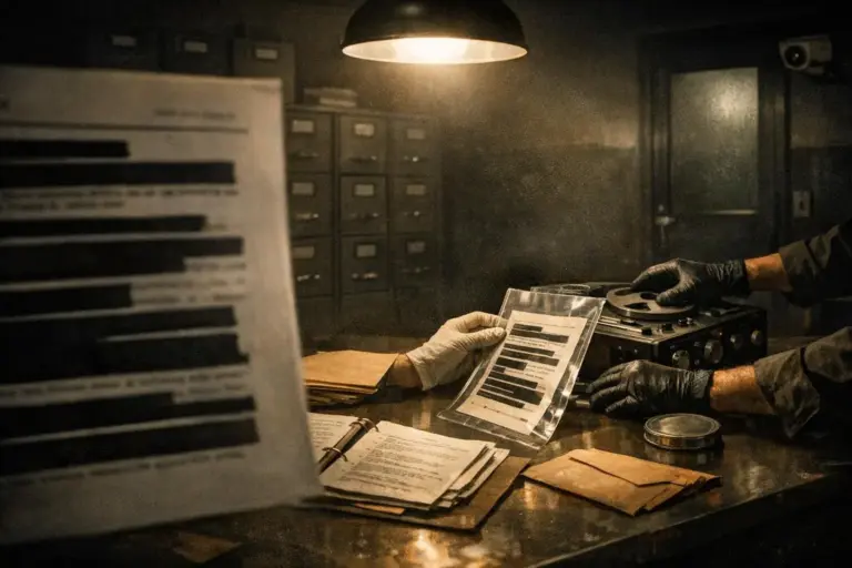 Iran Contra Affair: What the Records Show—and Where They Stop 3 iran contra affair scene with gloved hands holding papers on a desk beside a reel device under a hanging lamp