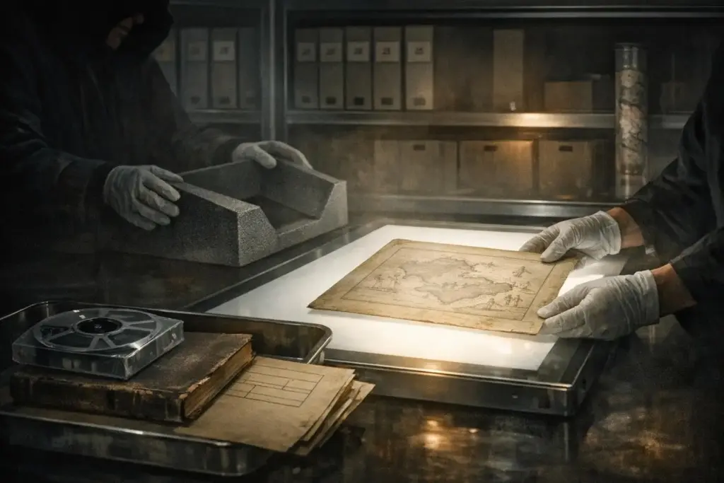 Two gloved hands hold a flat paper sheet on a bright table, with shelves and boxes behind; lemuria continent