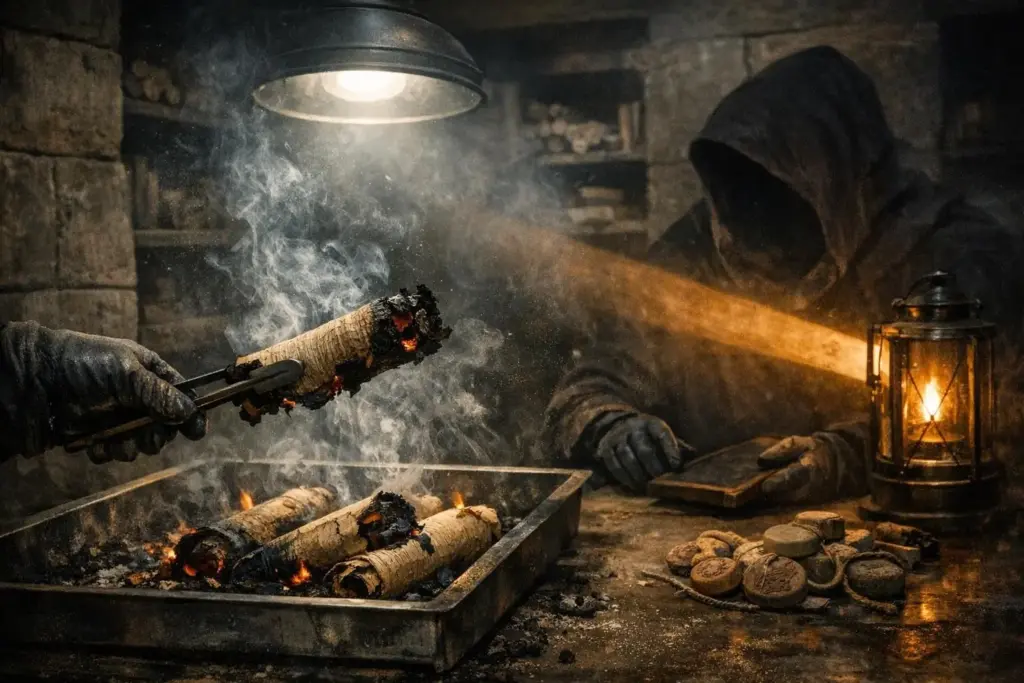 library of alexandria burning scene with a hooded figure at a table, glowing lantern, and smoking charred rolls in a metal tray