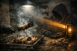 library of alexandria burning scene with a hooded figure at a table, glowing lantern, and smoking charred rolls in a metal tray
