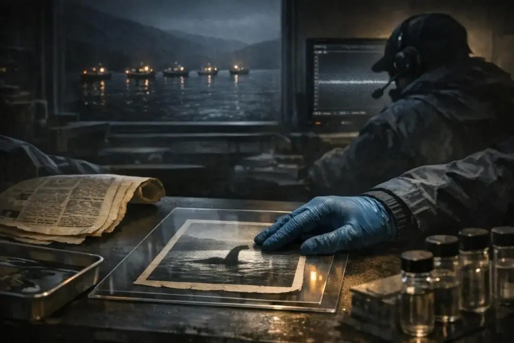 A blue-gloved hand rests on a photo print of a water silhouette labeled loch ness monster on a desk near a monitor.