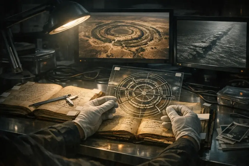 Gloved hands hold a clear square sheet with circular lines above open books, with two screens in the background, lost city of atlantis.