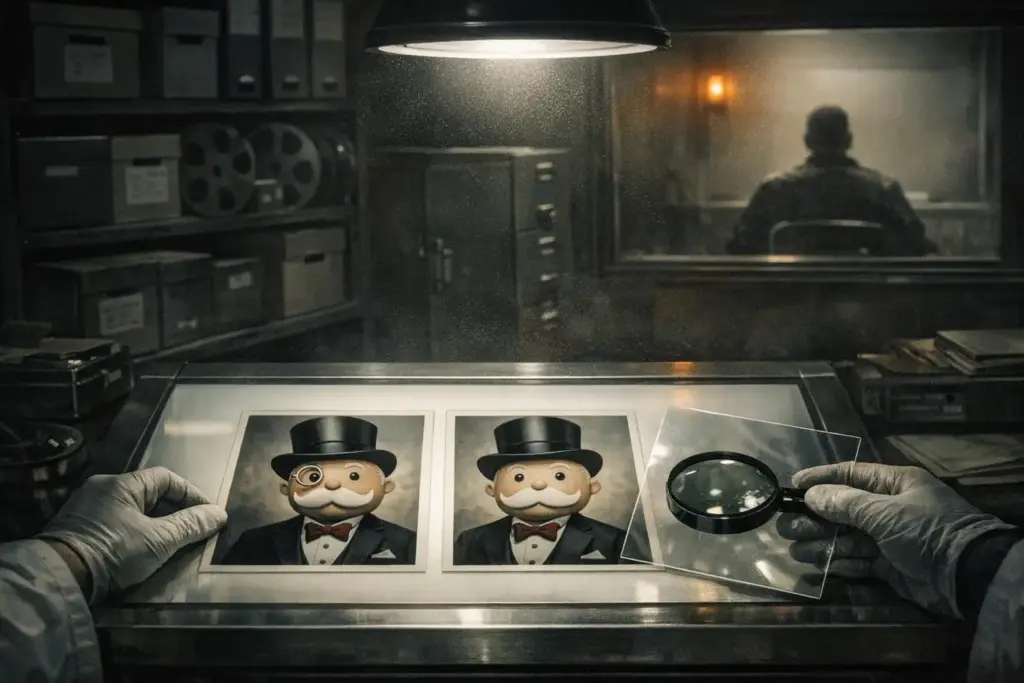 Gloved hands hold a magnifying glass over two printed cartoon portraits, mandela effect examples.