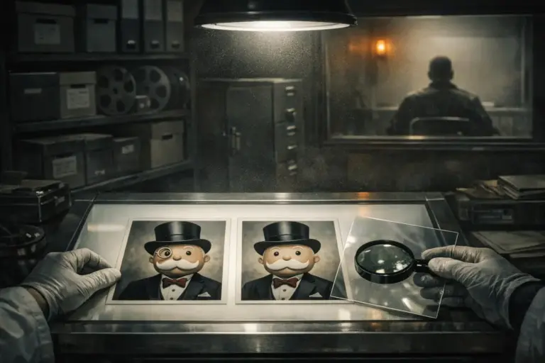 Mandela Effect Examples: What the Record Shows—and Where It Stops 3 Gloved hands hold a magnifying glass over two printed cartoon portraits, mandela effect examples.