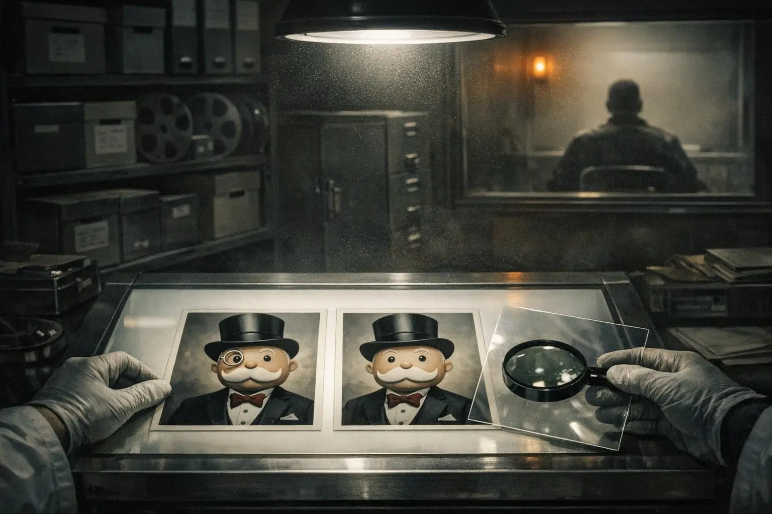 Mandela Effect Examples: What the Record Shows—and Where It Stops 1 Gloved hands hold a magnifying glass over two printed cartoon portraits, mandela effect examples.