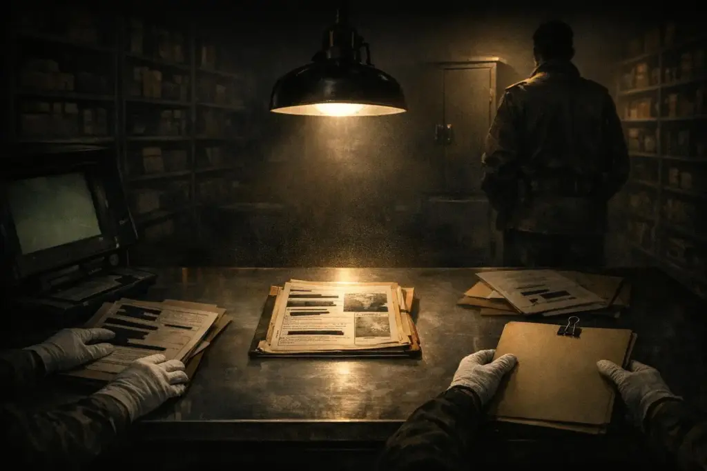 A dim room with a hanging lamp over a metal table with papers and gloved hands; manhattan project secrecy appears once.
