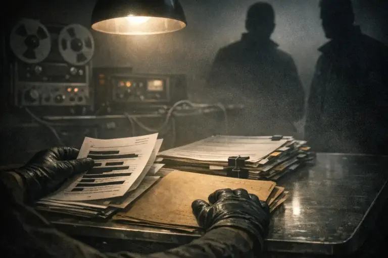 MKUltra Mind Control: What the Files Show and Where They Stop 2 mkultra mind control papers held by black leather-gloved hands on a reflective table under a hanging lamp, with two blurry figures behind