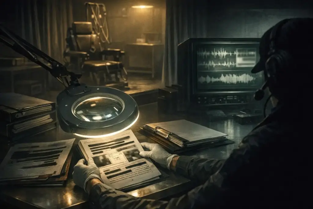 montauk project scene with a desk, large magnifying lamp, gloved hands holding papers, and a monitor showing waveforms