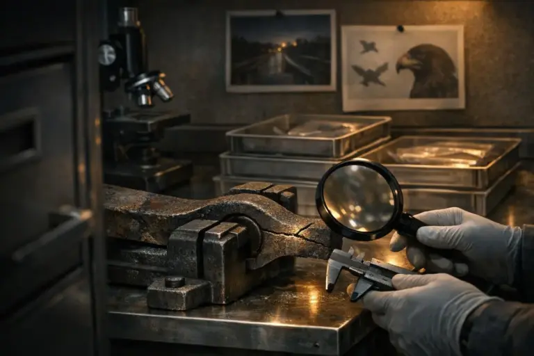 Mothman Sightings: From Folklore to the Fracture of Eyebar 330 4 Gloved hands hold a magnifying glass and caliper near a rusted metal piece in a vise, mothman sightings