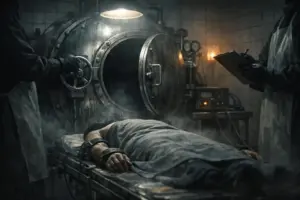 A person lying on a wheeled table near a large metal chamber; nazi human experiments appears in the request.