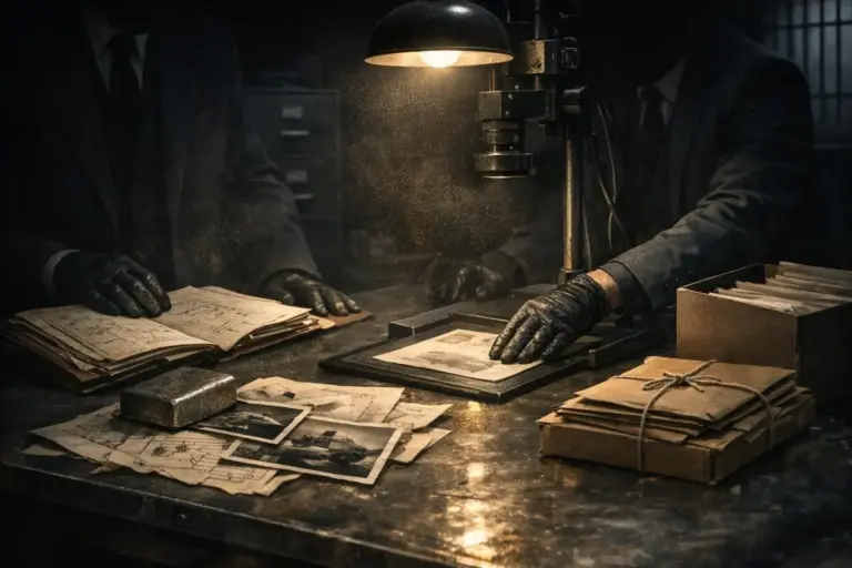 Nikola Tesla Secrets: What the 1943 Files Show—and Where They Stop 4 A dimly lit table with scattered papers, a small lamp, and gloved hands; nikola tesla secrets appears once.