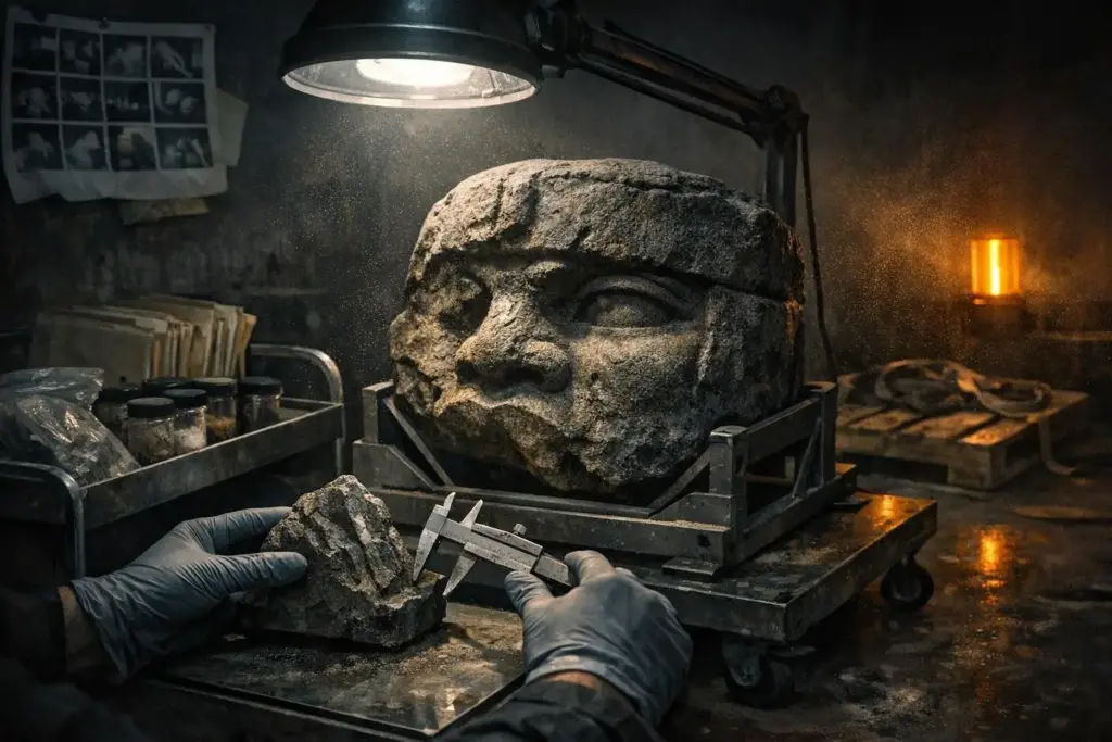 Olmec civilization mysteries keyword: gloved hands hold a caliper near a small rock, with a large rough stone face on a cart under a lamp.