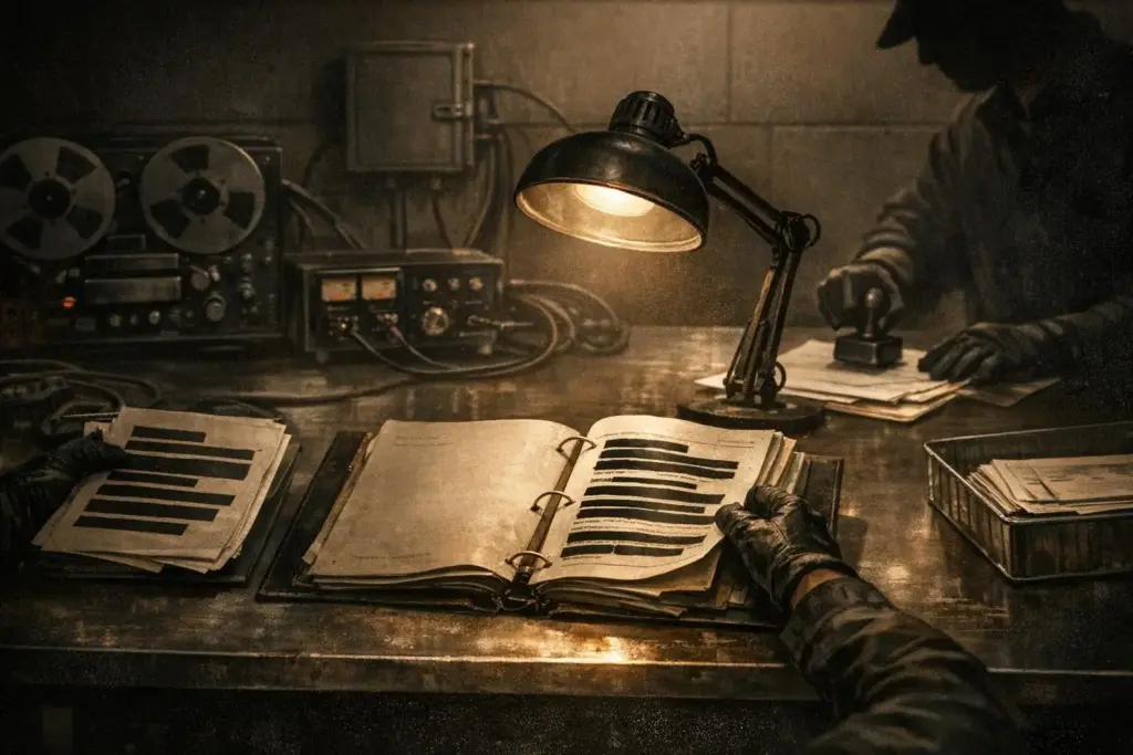 operation mockingbird scene with a desk lamp above an open ring binder and gloved hands on papers at a worn tabletop
