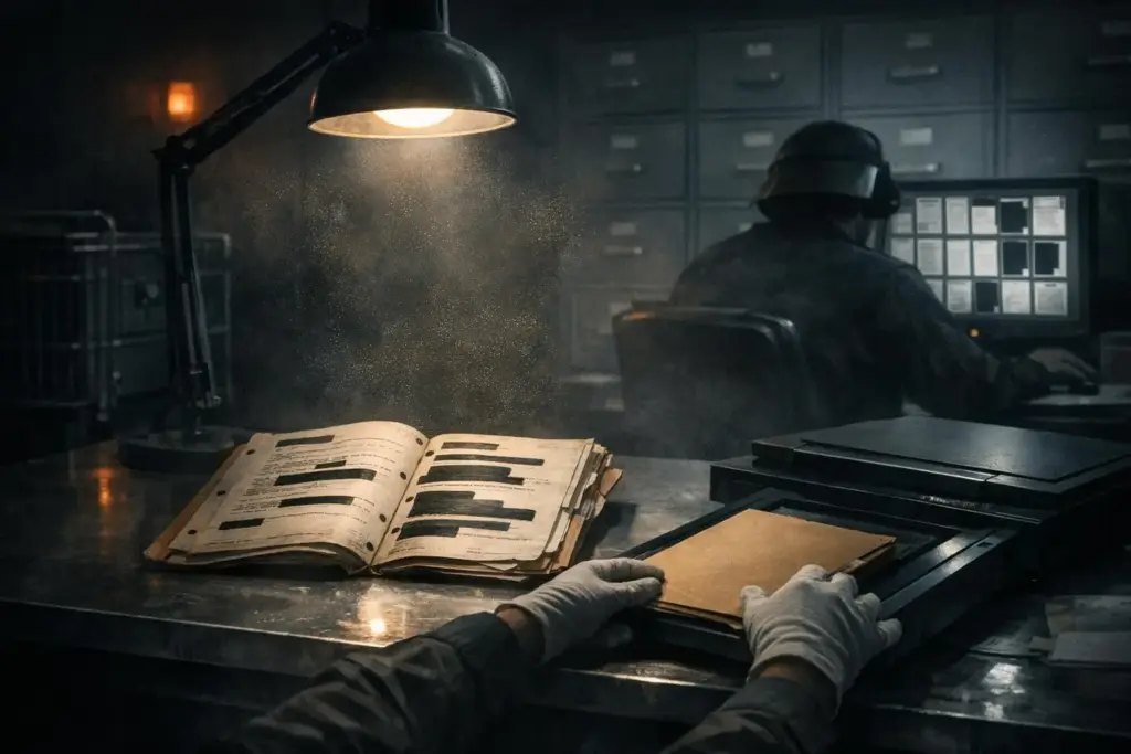 operation northwoods scene with an open binder on a metal desk under a hanging lamp, gloved hands holding a folder, and a person at a screen