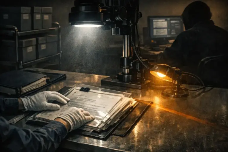 Operation Northwoods False Flag: Documented Pretexts and Limits 4 operation northwoods false flag stack of papers with binder clips on a reflective table, white gloves, lamp, and blurred computer screen