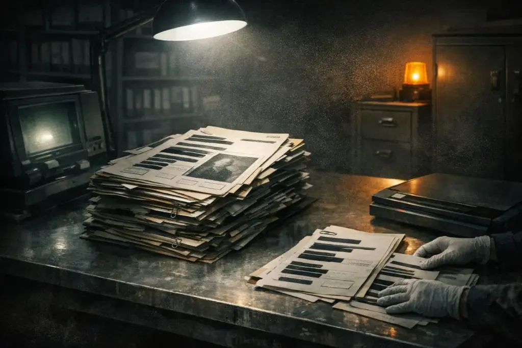 operation paperclip stack of paper sheets with black bars on a metal table, with gloved hands holding pages under a lamp