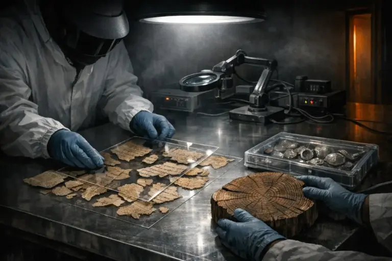 Phantom Time Hypothesis: From Calendar Rules to Documentary Gaps 2 A person in protective clothing and blue gloves handles torn paper pieces on a metal table under a lamp, phantom time hypothesis.