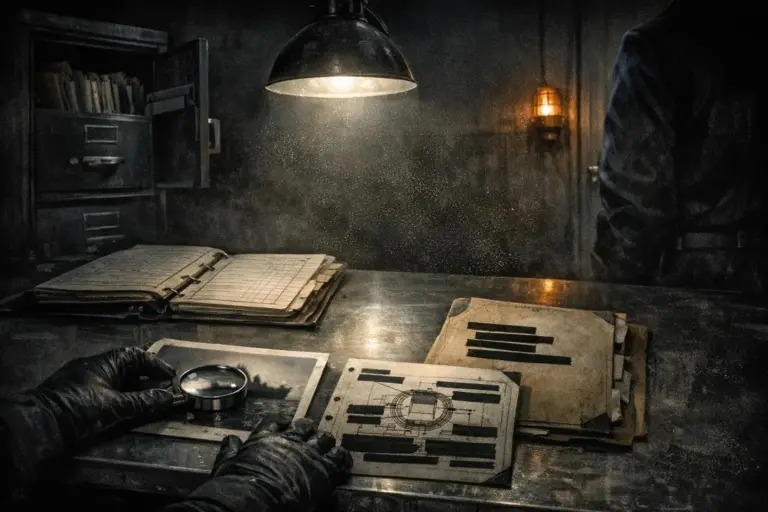 Philadelphia Experiment: What the Records Can—and Cannot—Confirm 3 A desk scene with papers, a binder, and gloved hands; philadelphia experiment appears in the request only.