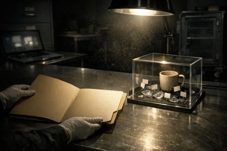 Poltergeist Activity: What the Records Show—and Where They Stop 4 A metal table with gloved hands holding an open folder near a clear box with a stained mug and small tags, poltergeist activity.