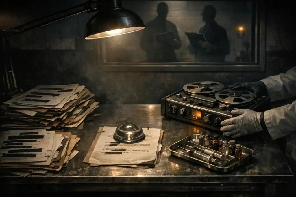 project artichoke on a metal table with stacked papers, a desk lamp, a reel machine, and gloved hands beside a tray of vials