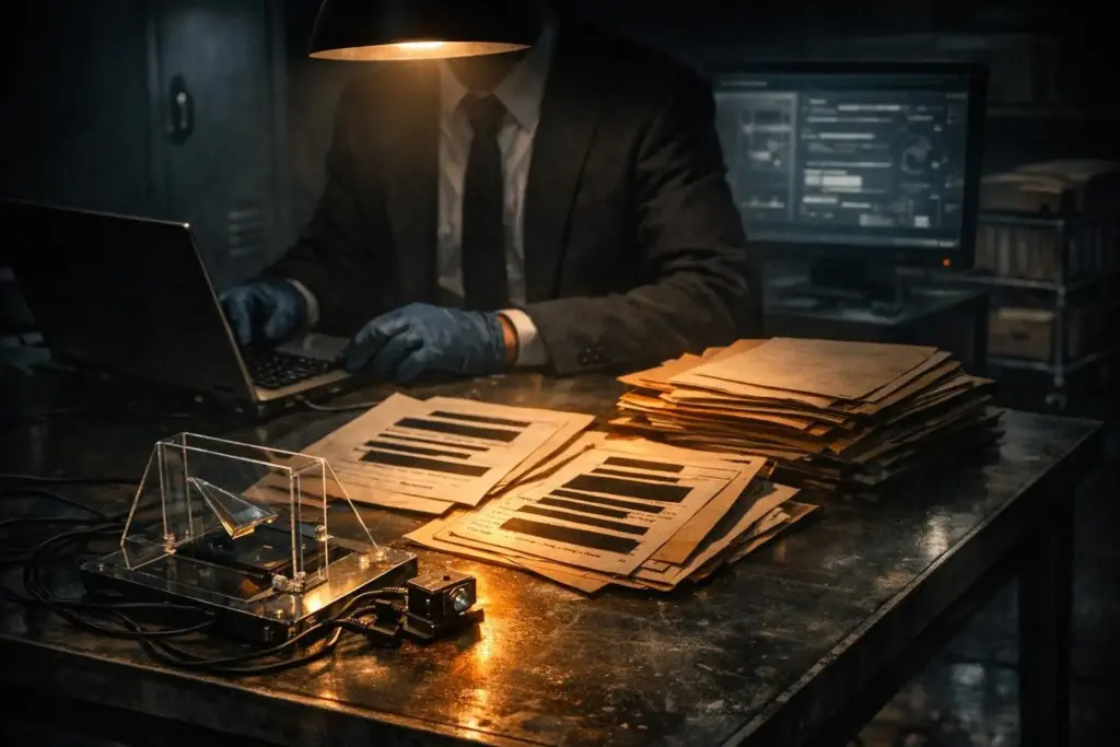 project blue beam scene with a suited person in blue gloves at a desk with a laptop, papers with black bars, and a lamp