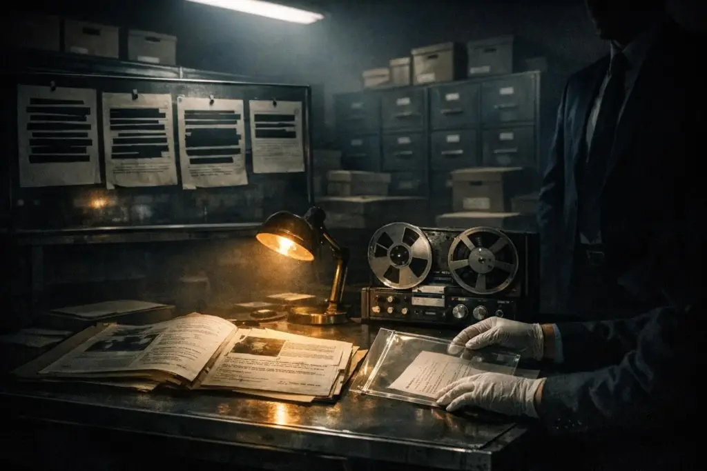 project monarch scene with a metal desk, papers, a lit desk lamp, a reel-to-reel unit, and gloved hands holding a clear sleeve.
