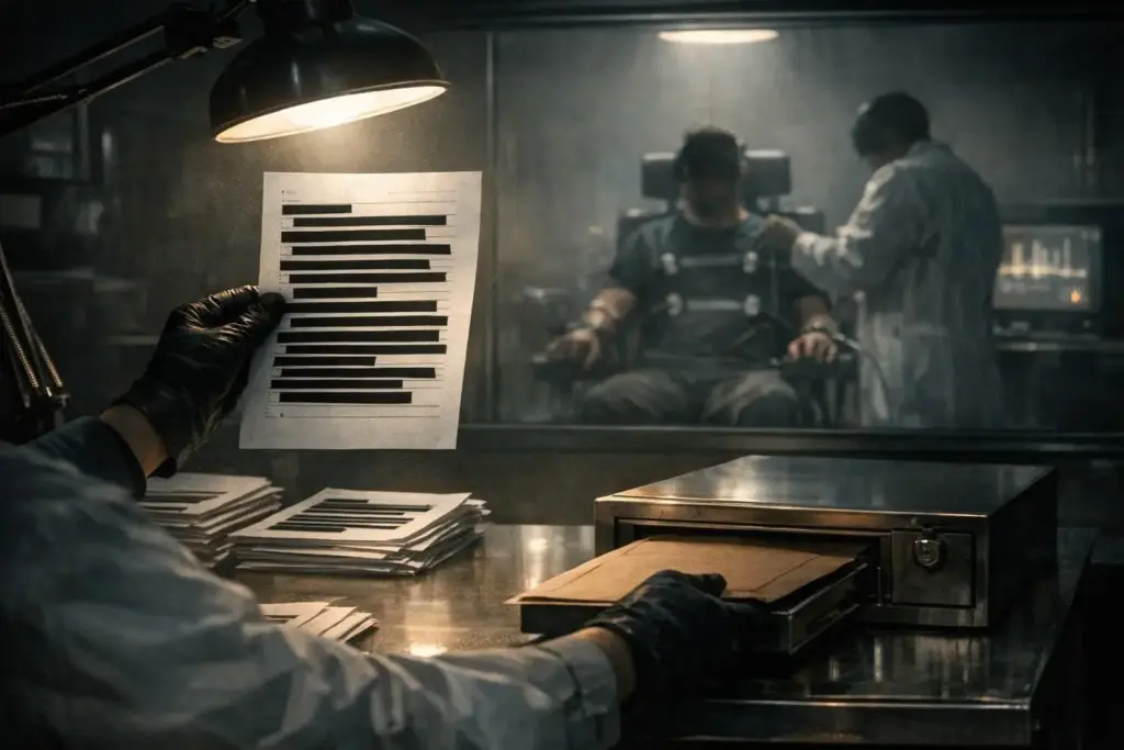 Gloved hand holding a sheet with black bars, project monarch programming, with stacks of paper and a blurred room behind glass.