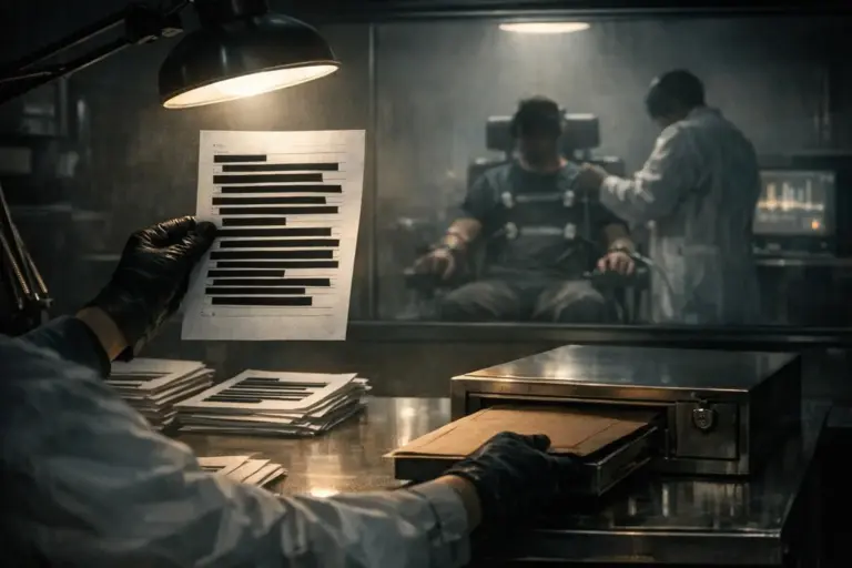 Project Monarch Programming: Where the Official Record Stops 4 Gloved hand holding a sheet with black bars, project monarch programming, with stacks of paper and a blurred room behind glass.