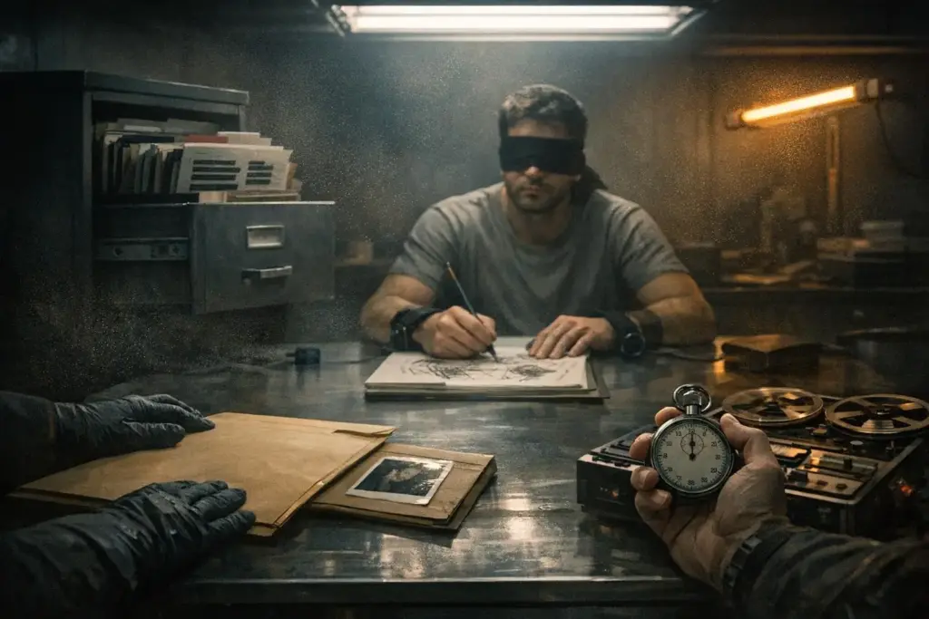 project stargate remote viewing scene with a blindfolded man writing on paper at a table beside a stopwatch and folders