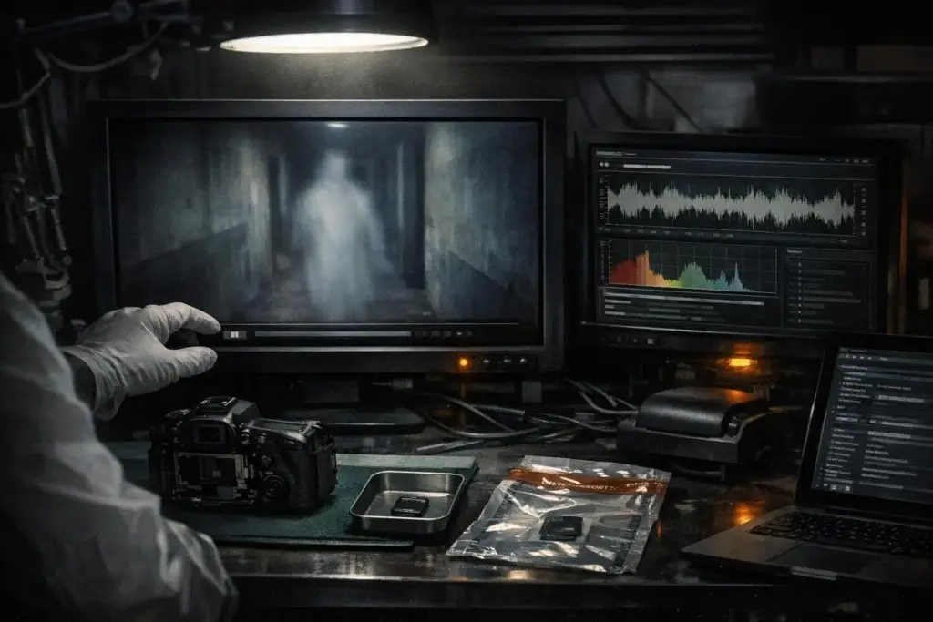 real ghost sightings shown on a monitor, with a gloved hand, a camera body, memory cards, and other screens on a desk.