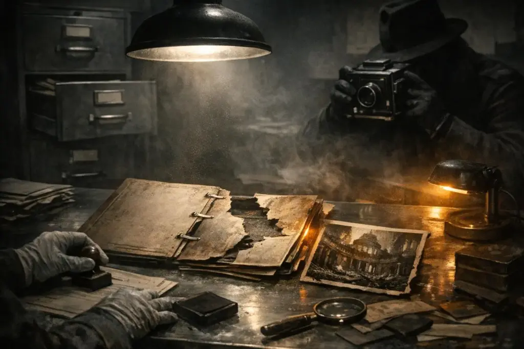 reichstag fire false flag scene with a dusty desk, worn binder, photo print, lamps, and a person holding a camera